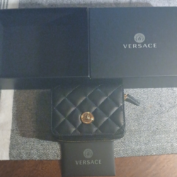 Versace Handbags - Versace Black Quilted Leather Wallet with Gold Medusa Logo